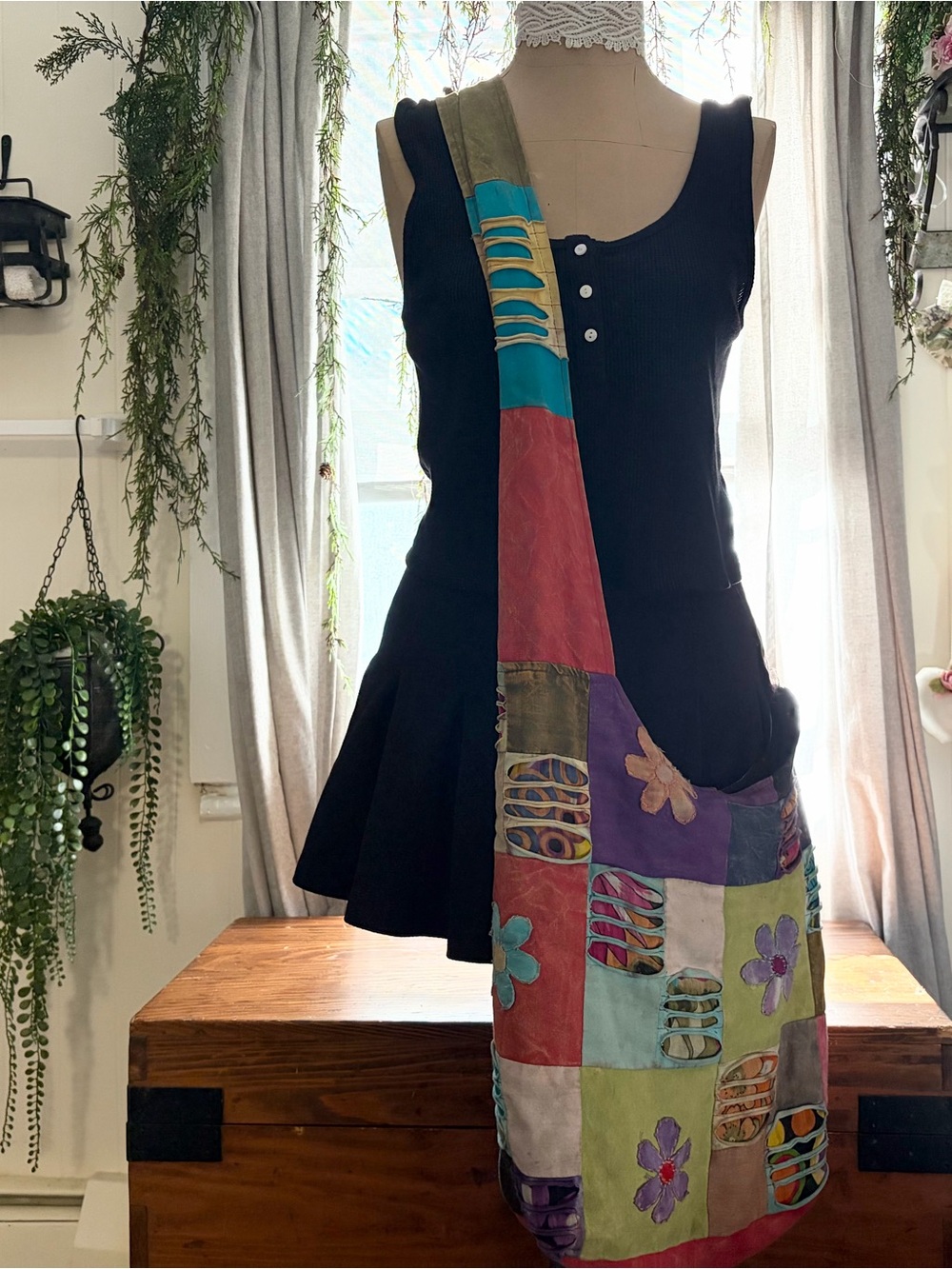 Boho Patchwork Crossbody Bag with Floral Appliqué - Black Accent